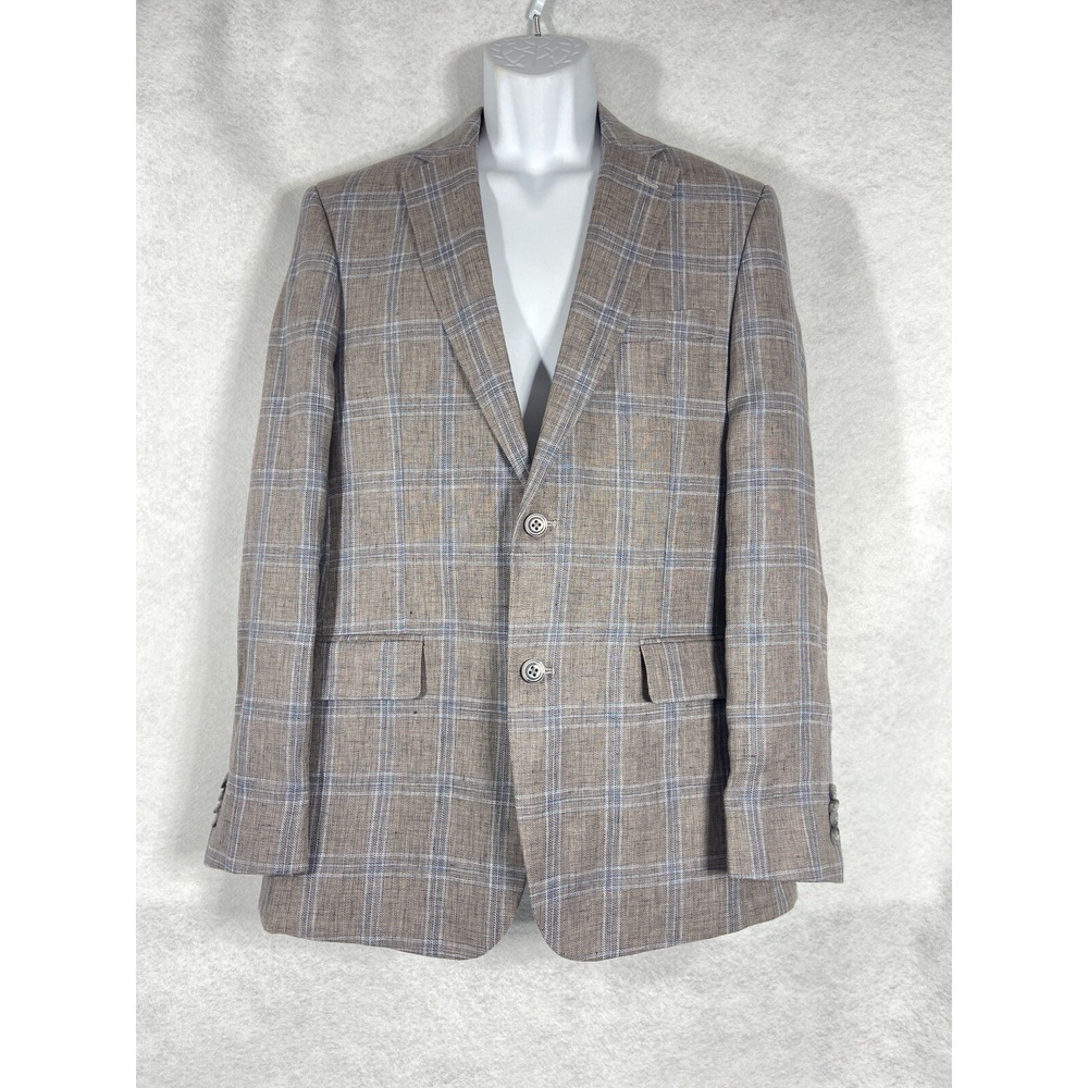 Tommy Hilfiger Blazer Mens 38R Taupe Sport Coat 100% Linen Plaid EUC